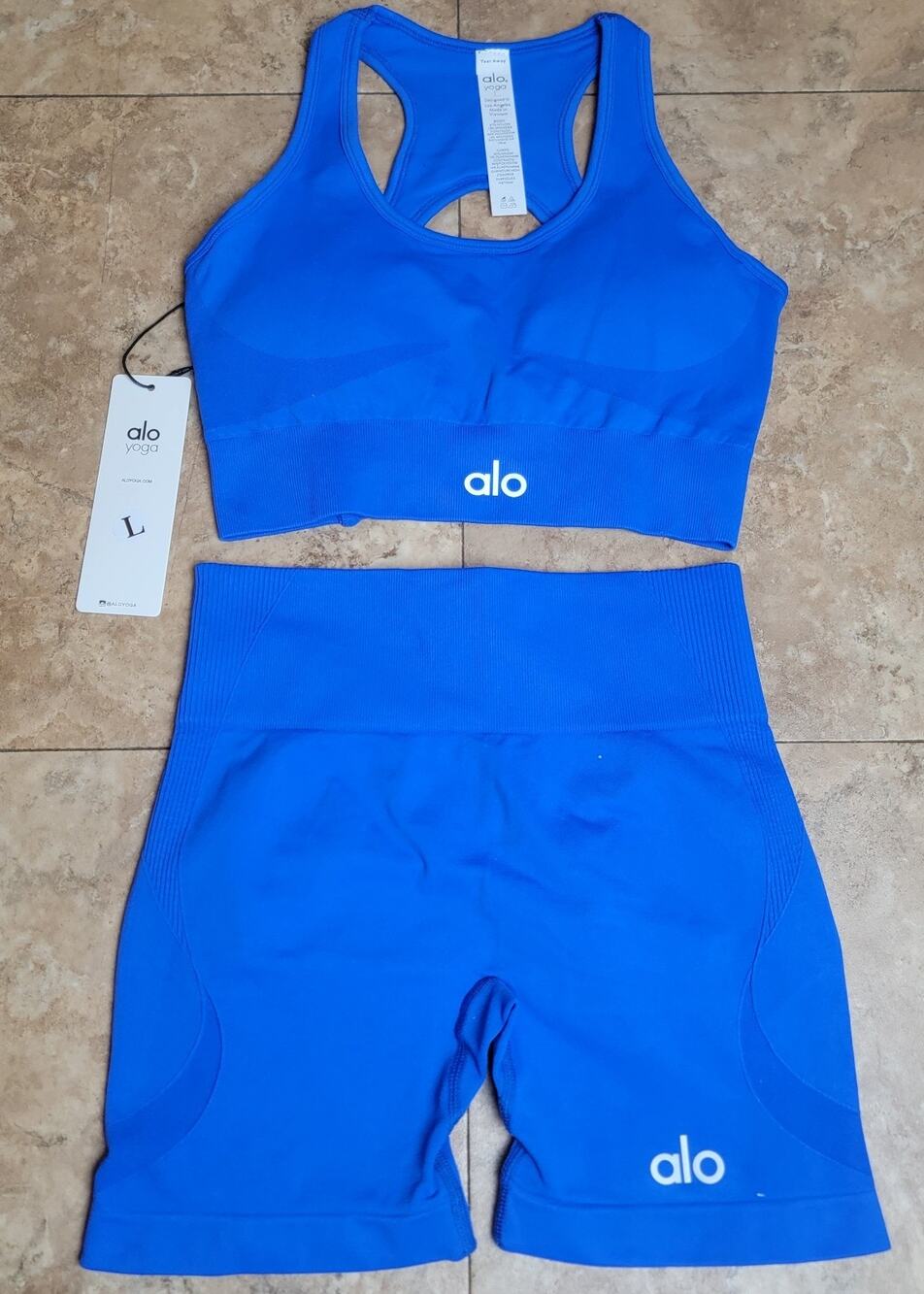 ALO Yoga Sz L Racerback Sport Bra Biker Shorts Blue Athletic Activewear Gym Set